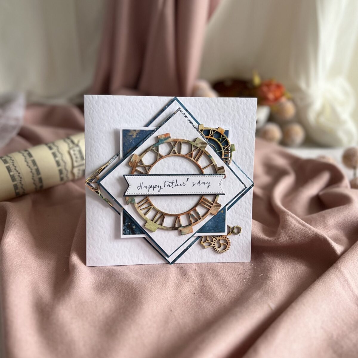 Blue and White Handmade Father day with clock desing Handmade blue and white Father's Day card with mixed media clock centerpiece and Happy Fathers day in scription