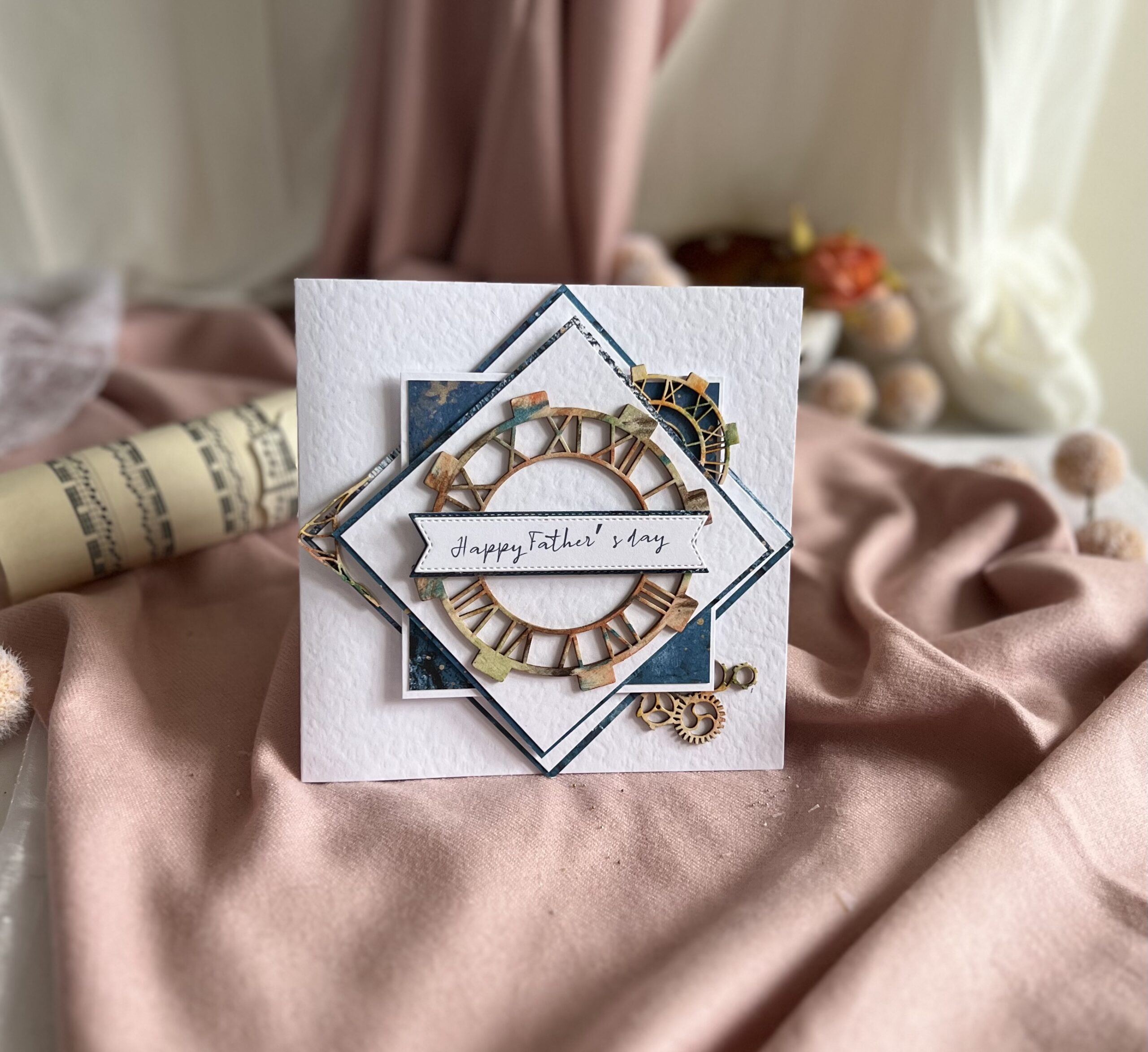 Blue and White Handmade Father day with clock desing Handmade blue and white Father's Day card with mixed media clock centerpiece and Happy Fathers day in scription