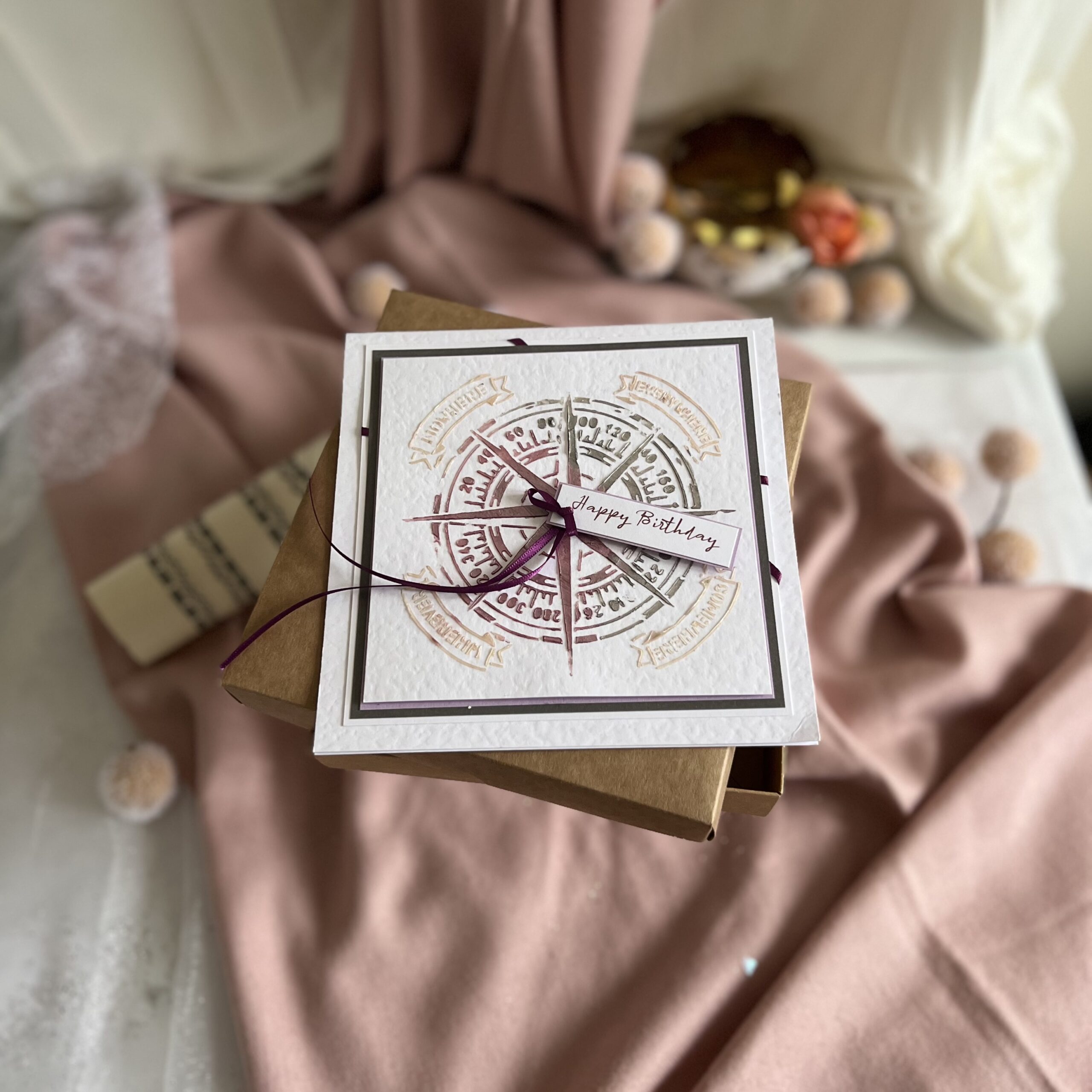 Luxury Handmade Happy Birthday Card with Mixed Media and Compass Design