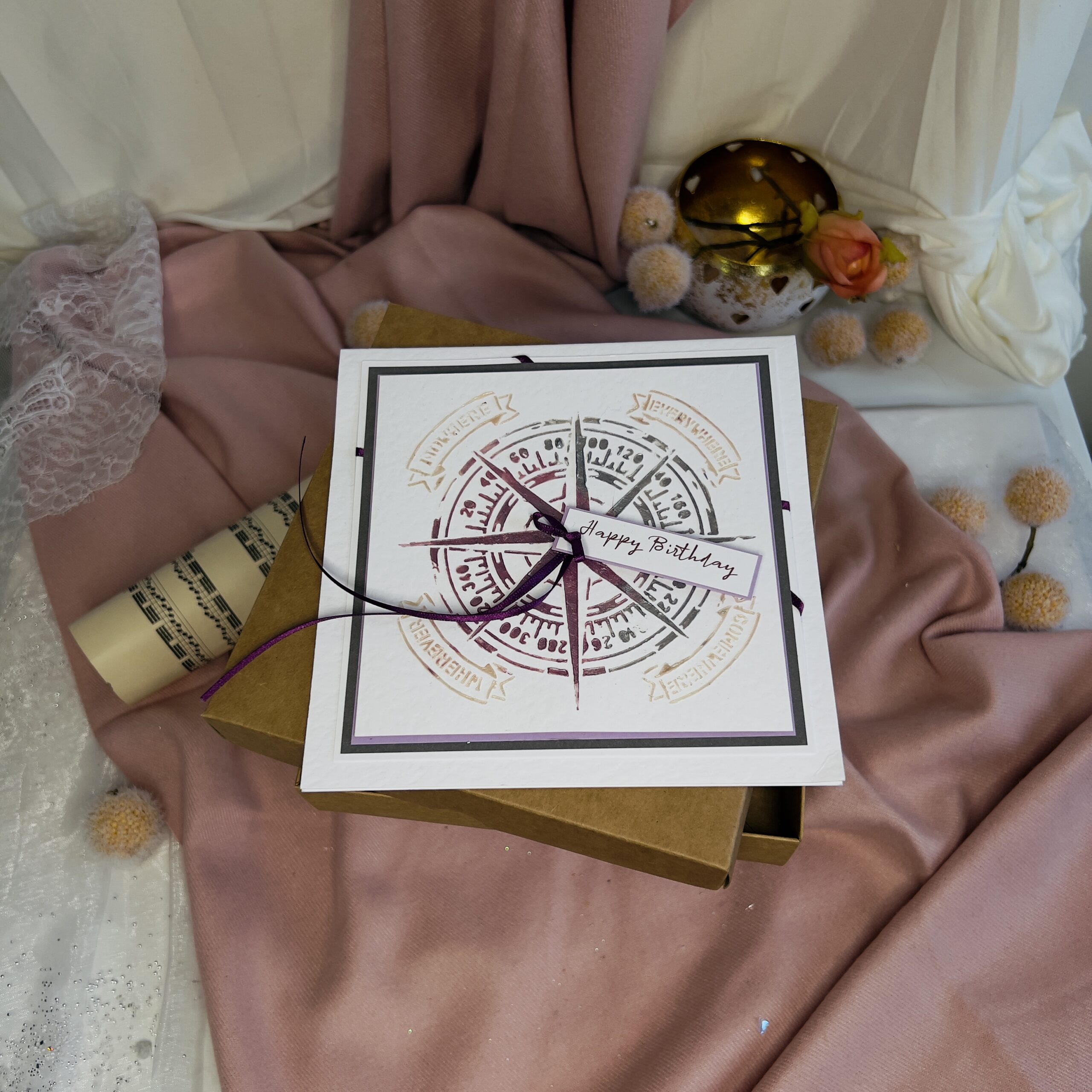 Luxury Handmade Happy Birthday Card with Mixed Media and Compass Design
