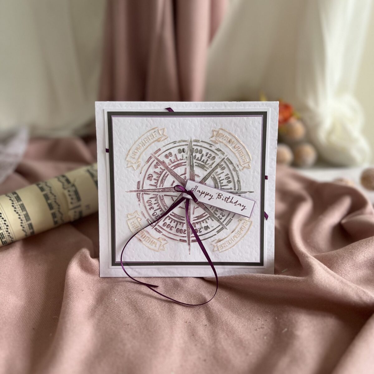 Luxury Handmade Happy Birthday Card with Mixed Media and Compass Design