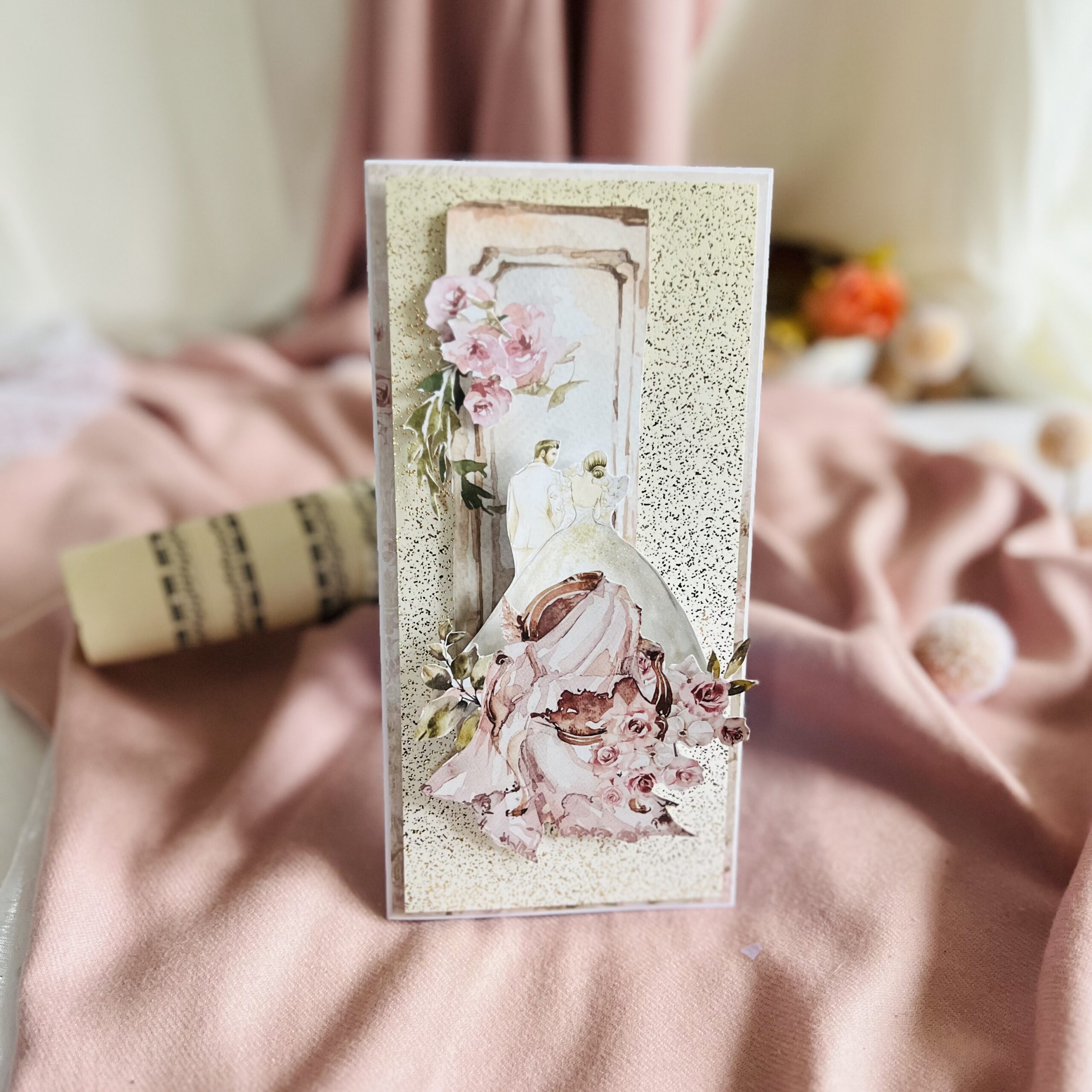 Handmade Wedding Card with Bride and Groom in Front of Church