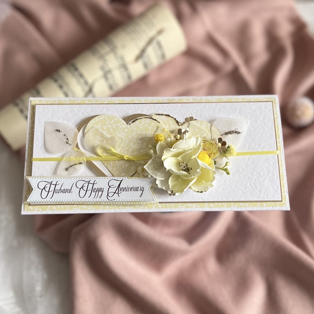 IMG_6380 Handmade Luxury Anniversary Card with Yellow Floral Desing