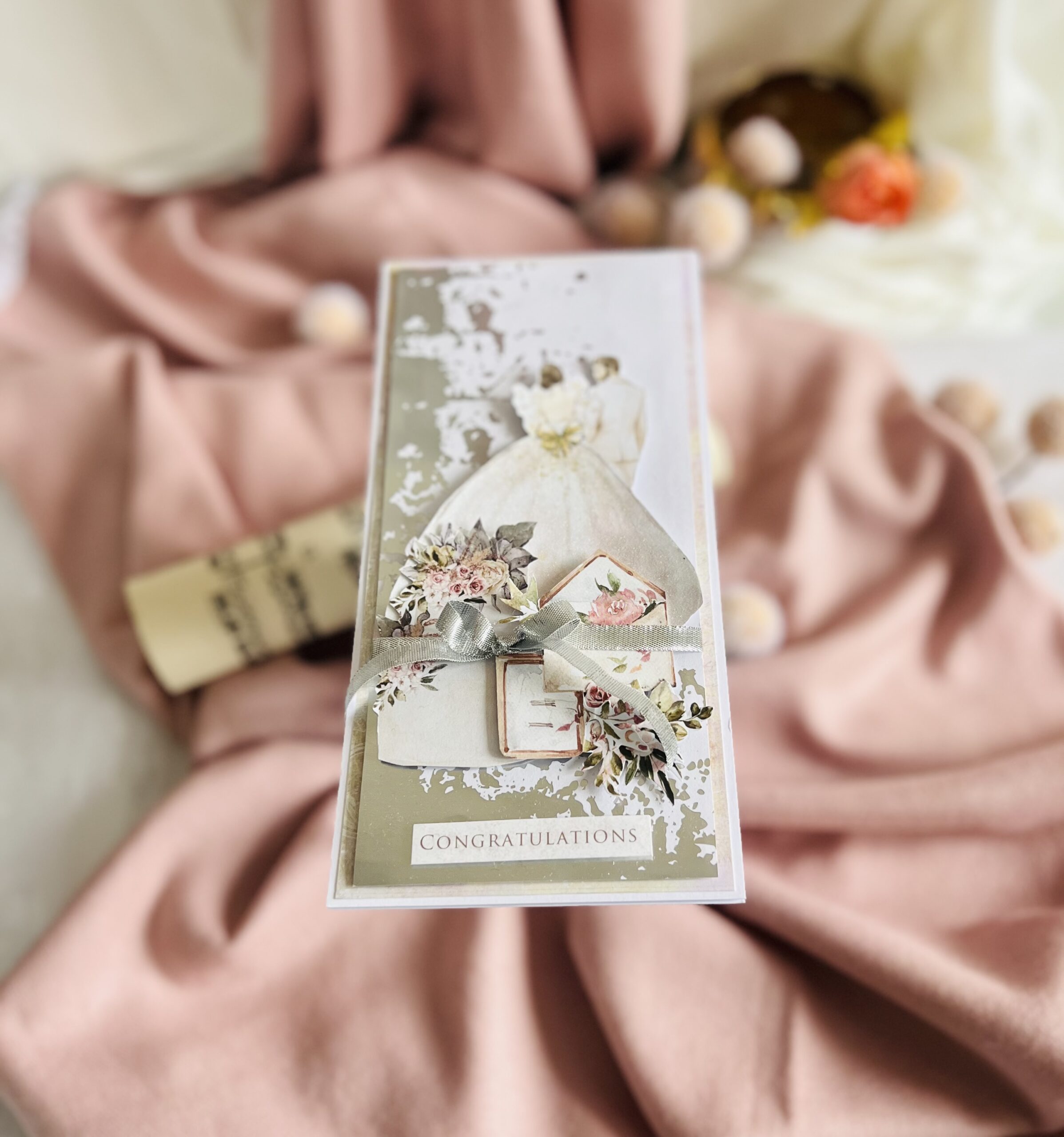 Handmade Wedding Card with Bride and Groom in Front of Church