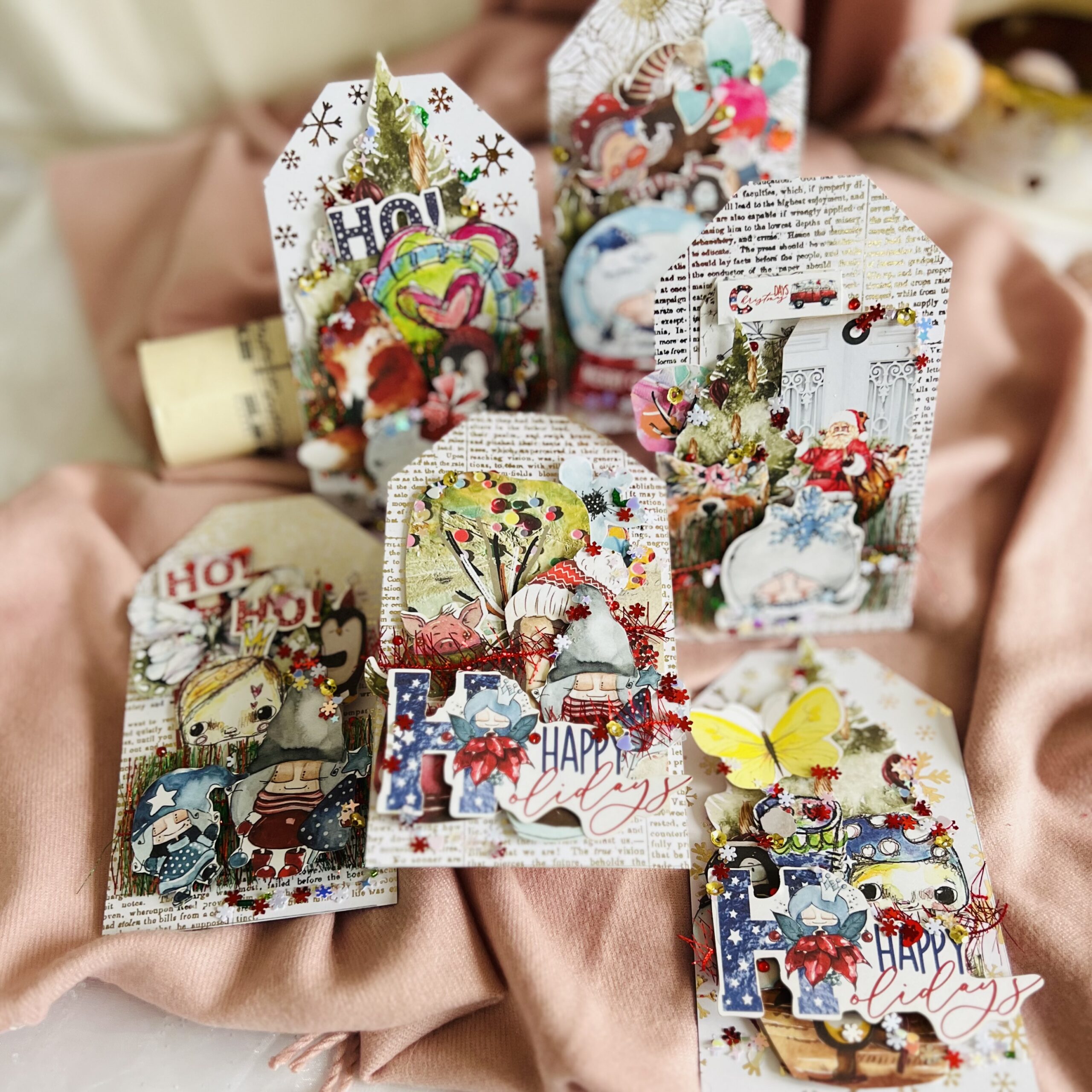 Set of 6 Handmade standing tag-style Christmas cards with vibrant colors,glitter accents,and festive desing