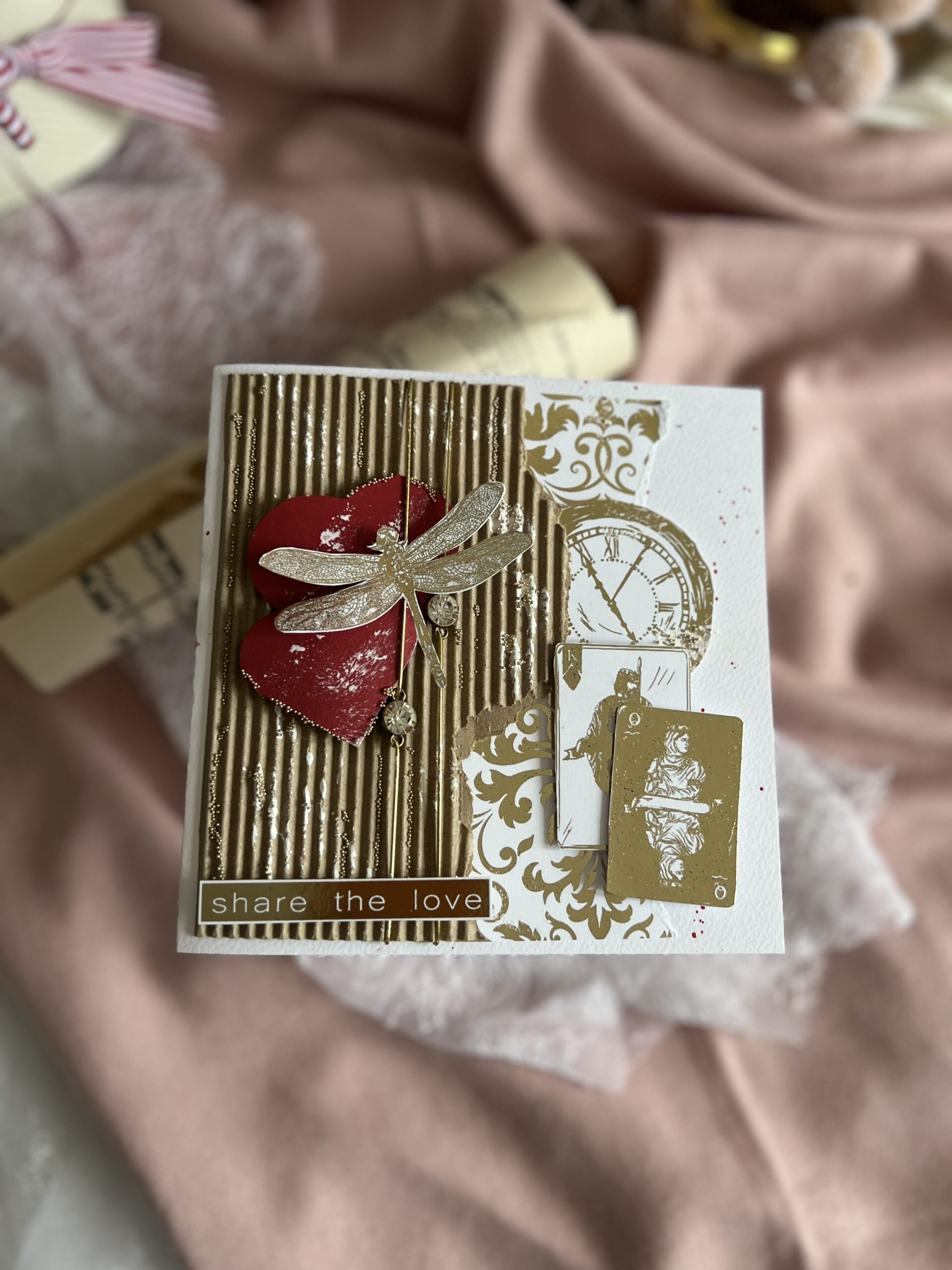Handmade Valentine’s Card with Hearts, Cards, and Elegant Details
