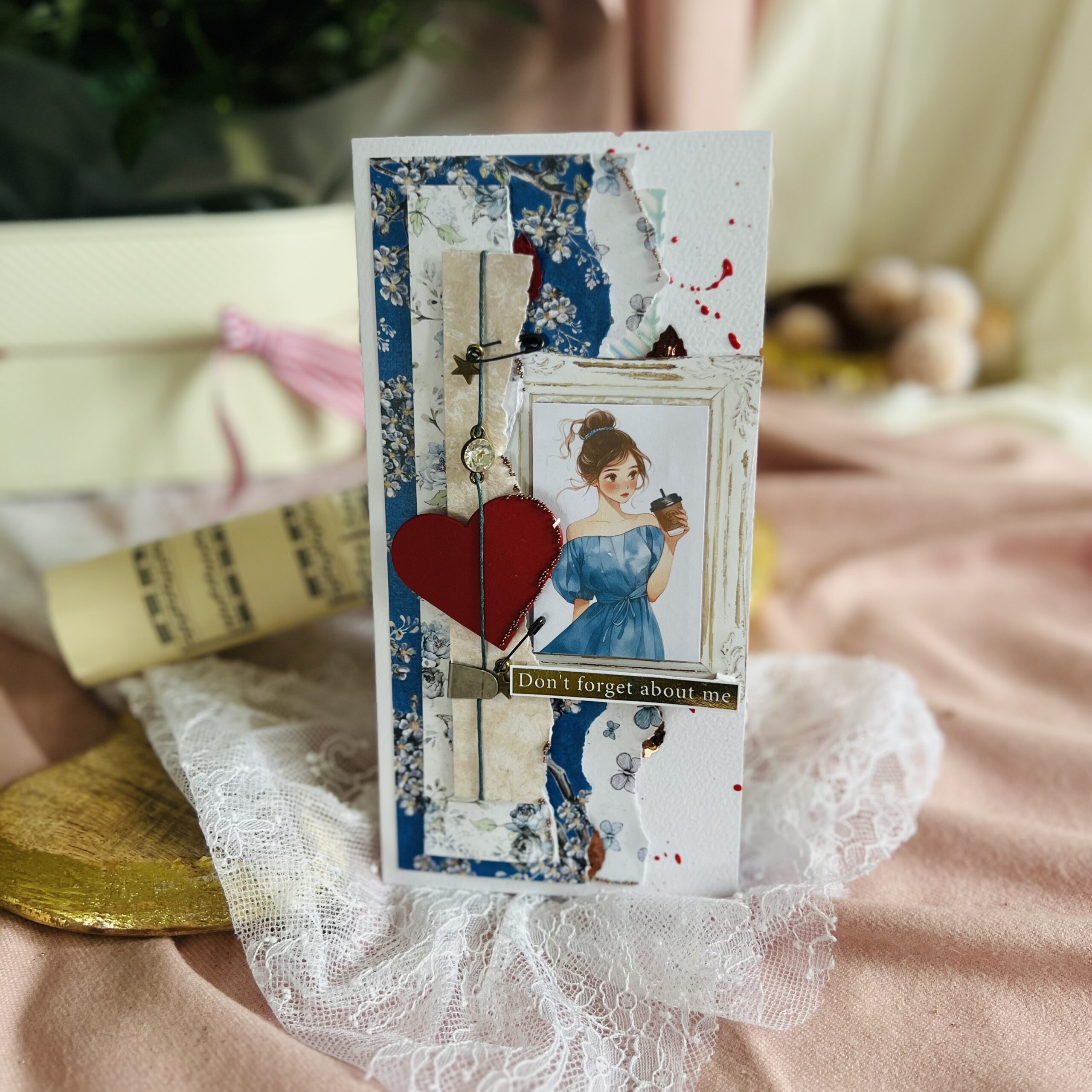 Luxurious handcrafted Valentines Day card featuring a young girls illustration in a bold red heart