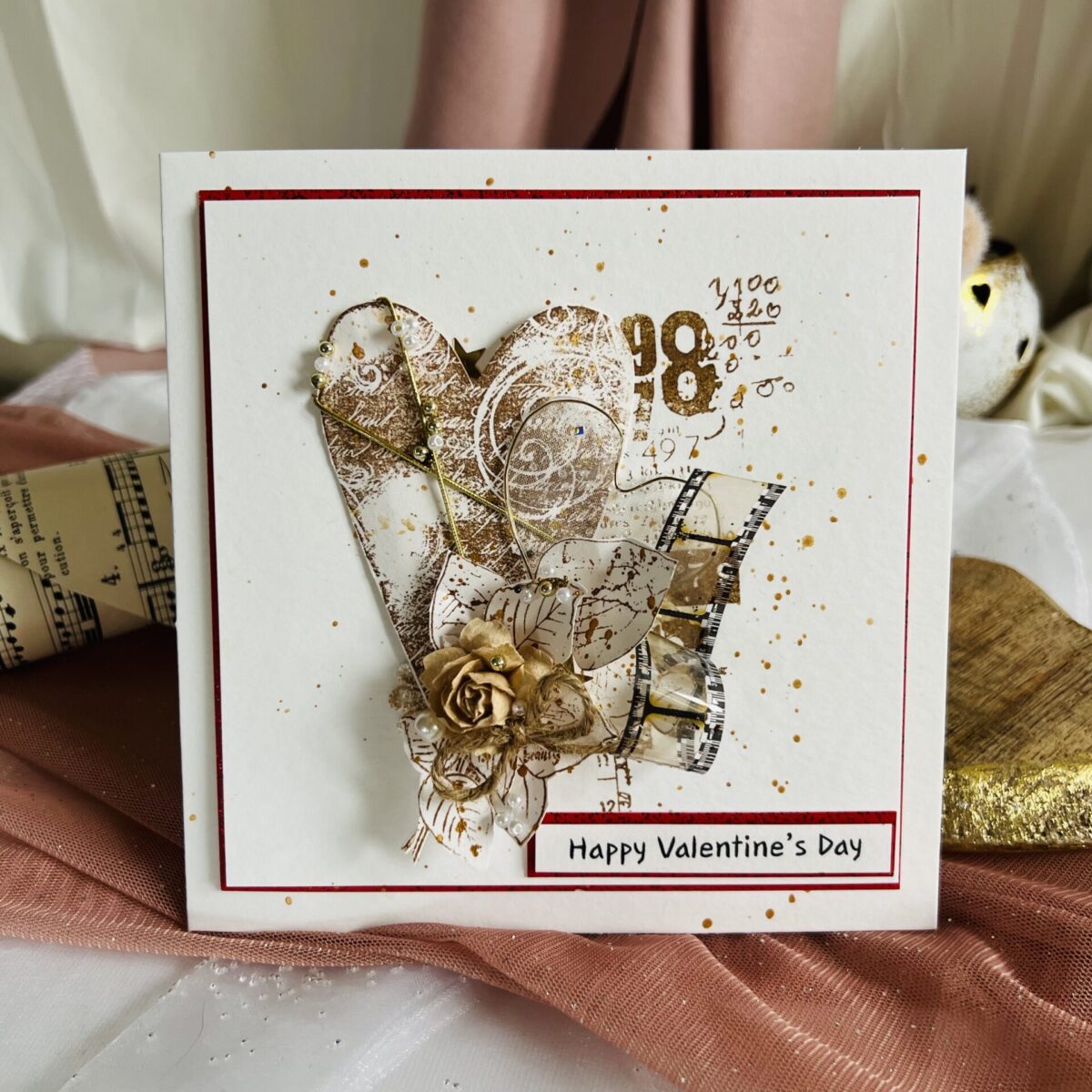 A minimalist card in brown and red. Handmade Happy Valentines Day Card