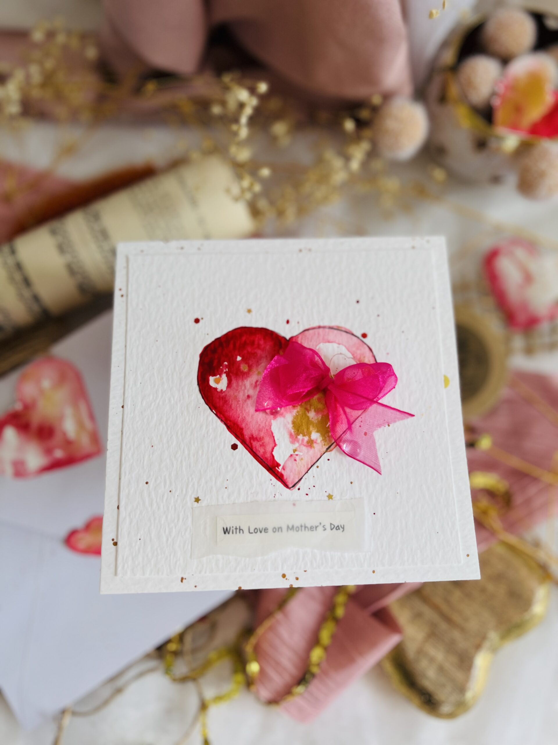 Handmade Mother’s Day Card – Elegant Watercolor Heart with Ribbon