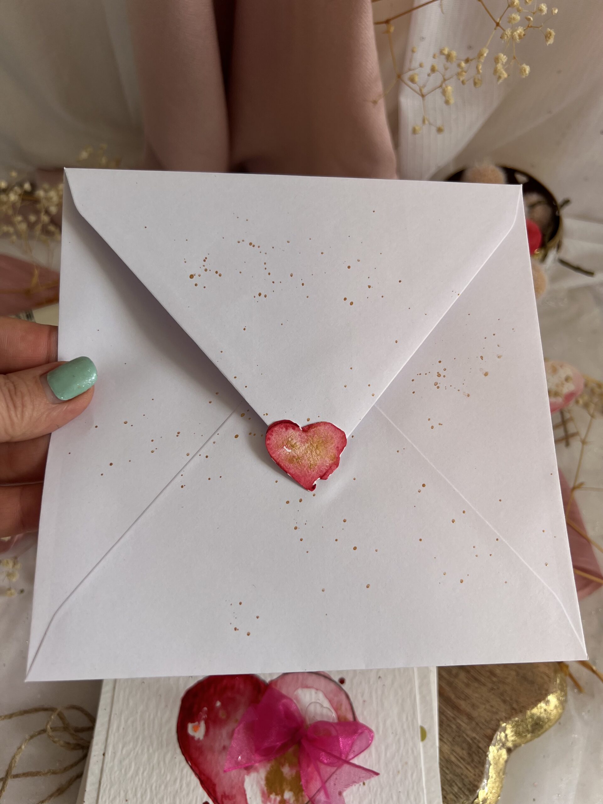 Handmade Mother’s Day Card – Elegant Watercolor Heart with Ribbon