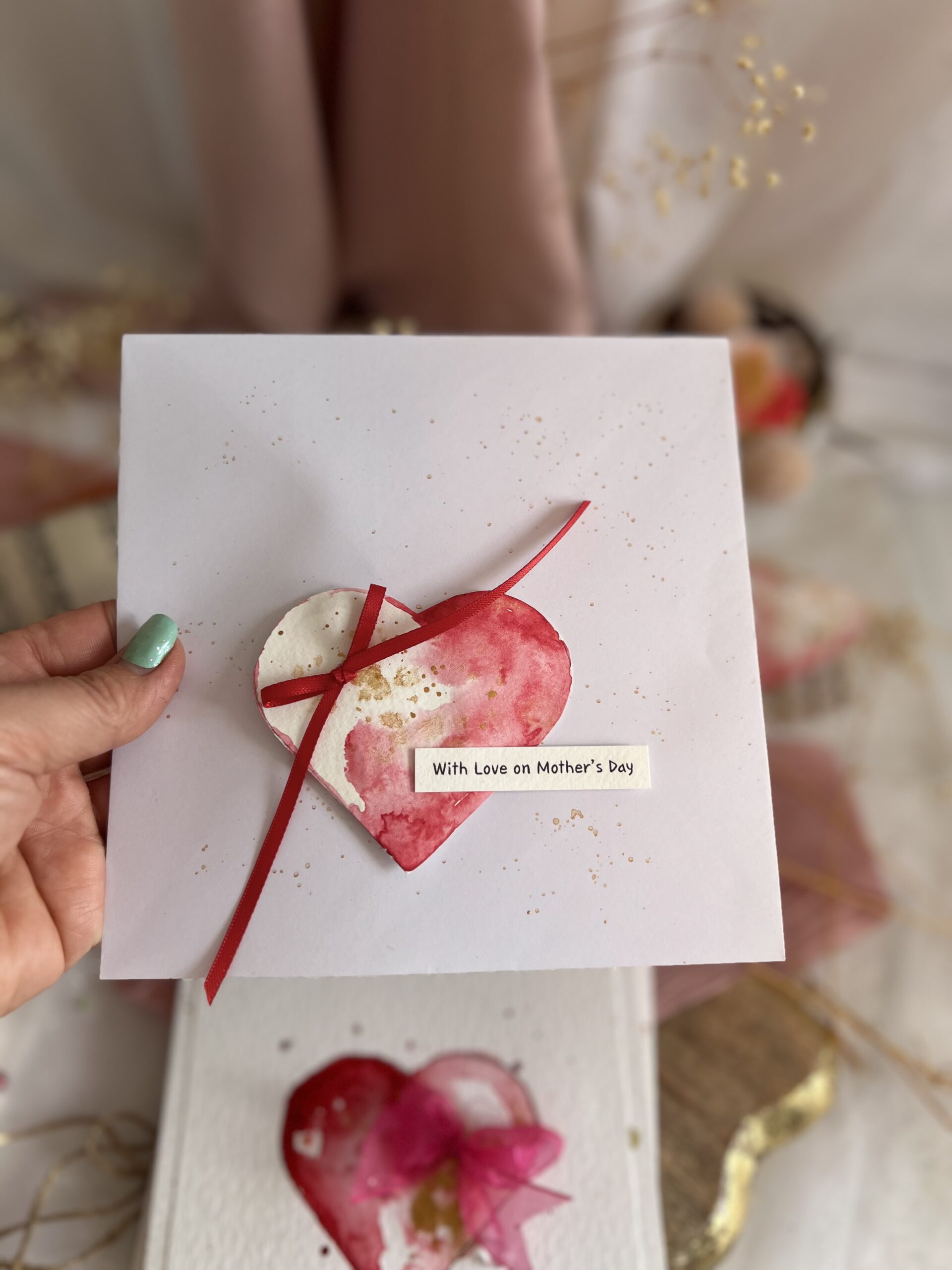 Handmade Mother’s Day Card – Elegant Watercolor Heart with Ribbon