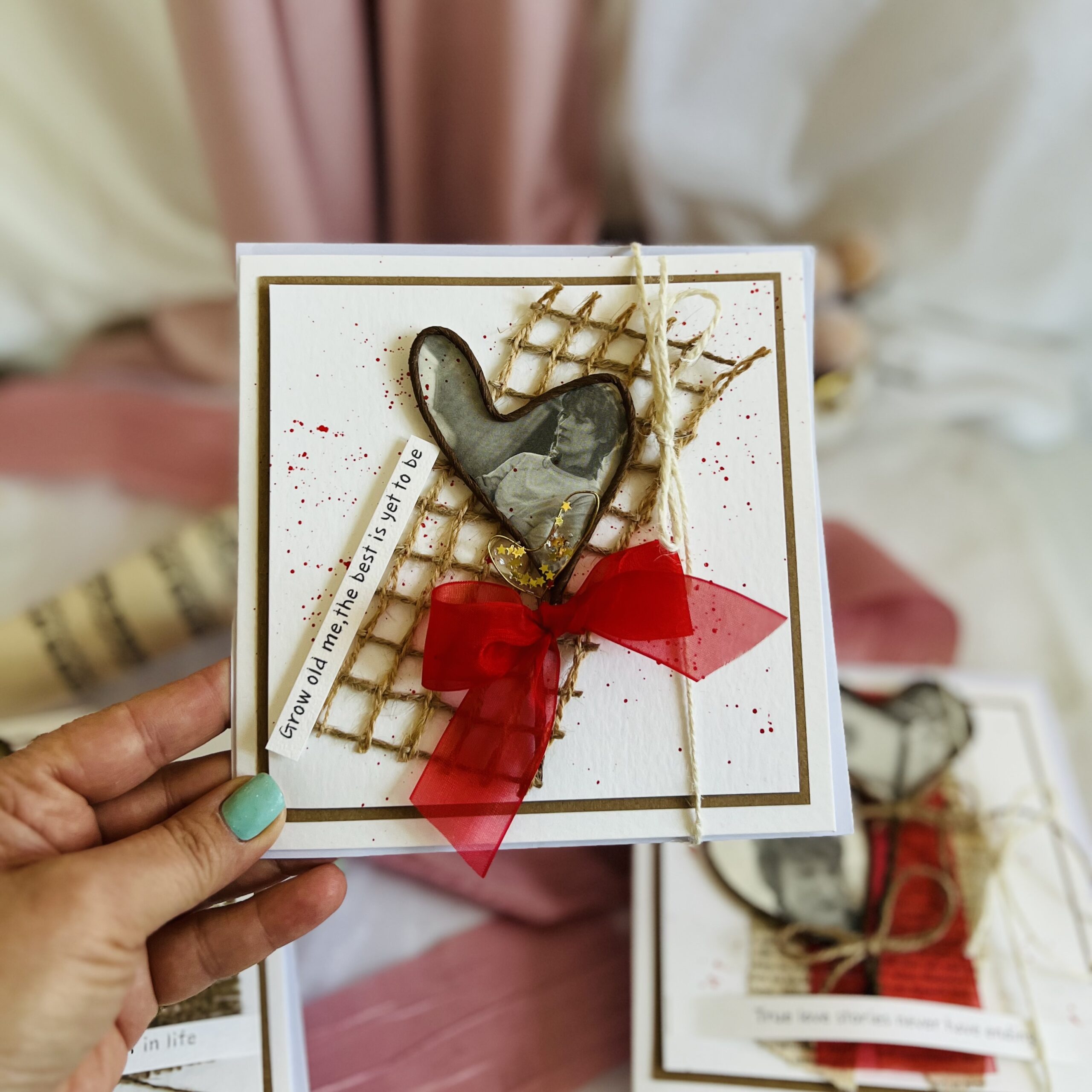 Unique handmade card Handmade Vintage Valentine’s Day Card – Wire Heart & Red Bow Accent