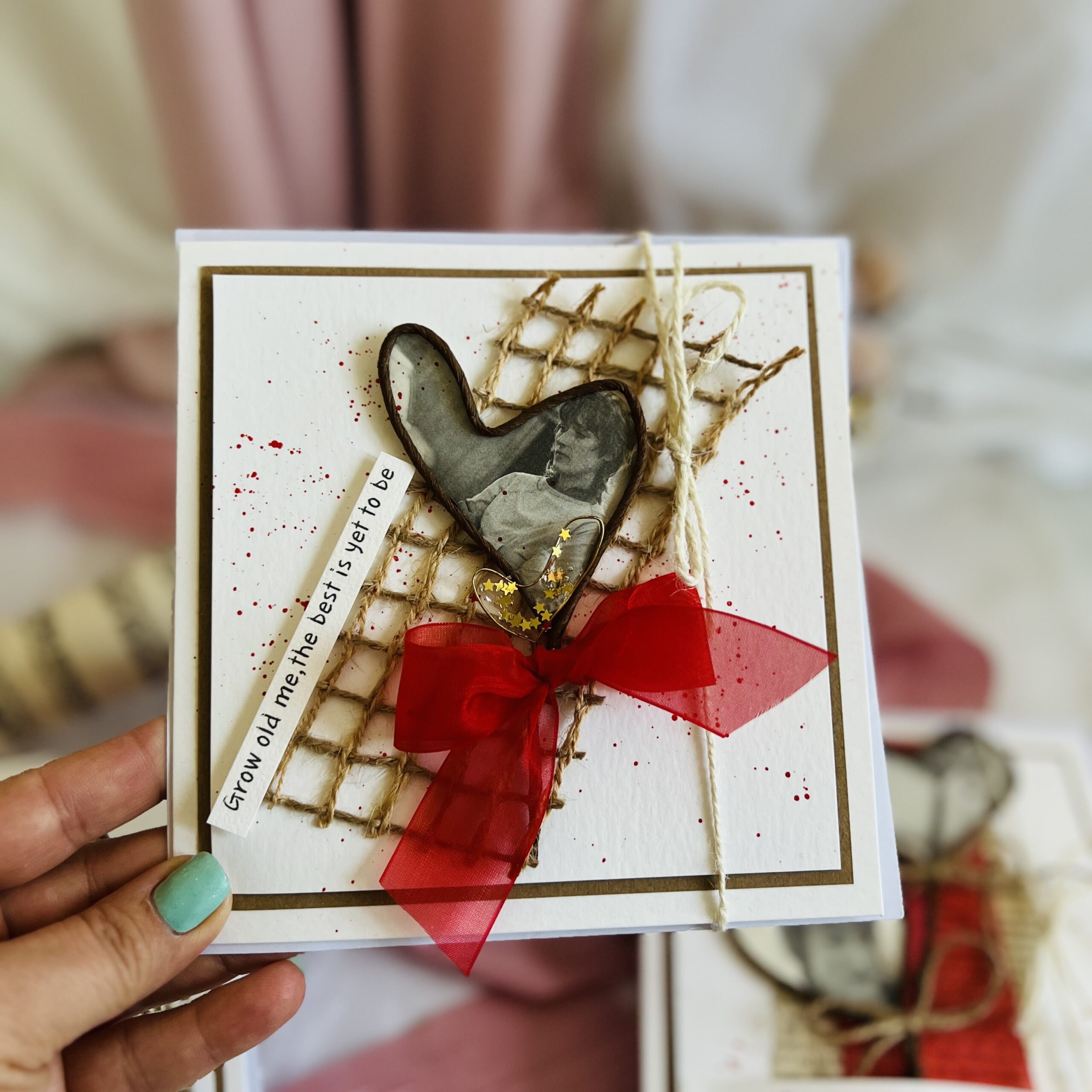 handmade card Handmade Vintage Valentine’s Day Card – Wire Heart & Red Bow Accent