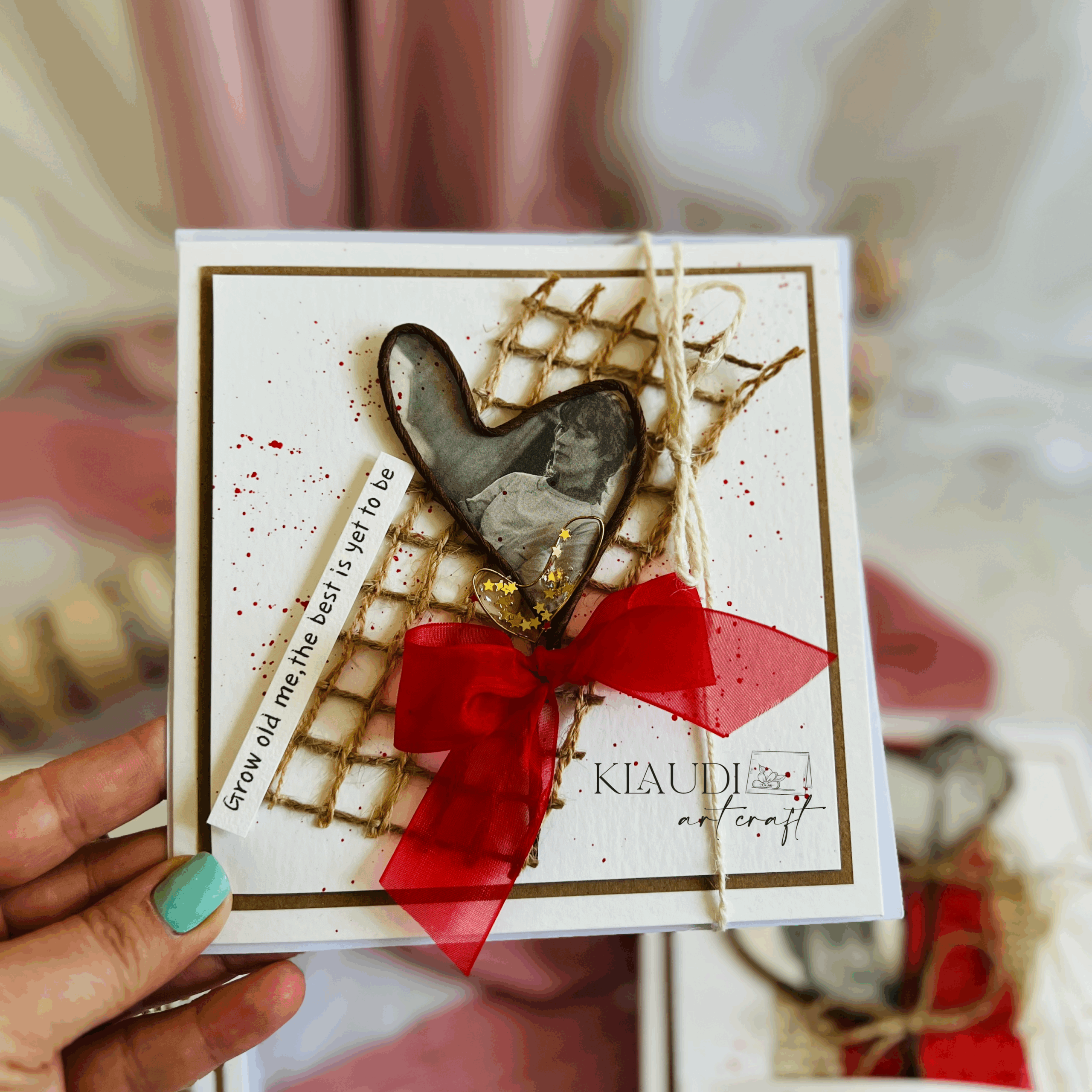 Vintage handmade card Handmade Vintage Valentine’s Day Card – Wire Heart & Red Bow Accent