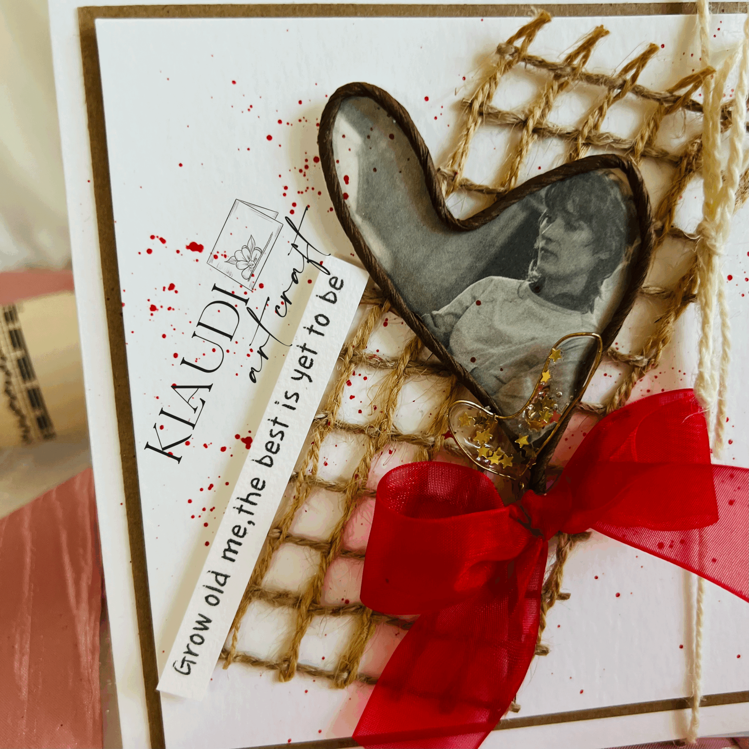 Rustic handmade card Handmade Vintage Valentine’s Day Card – Wire Heart & Red Bow Accent