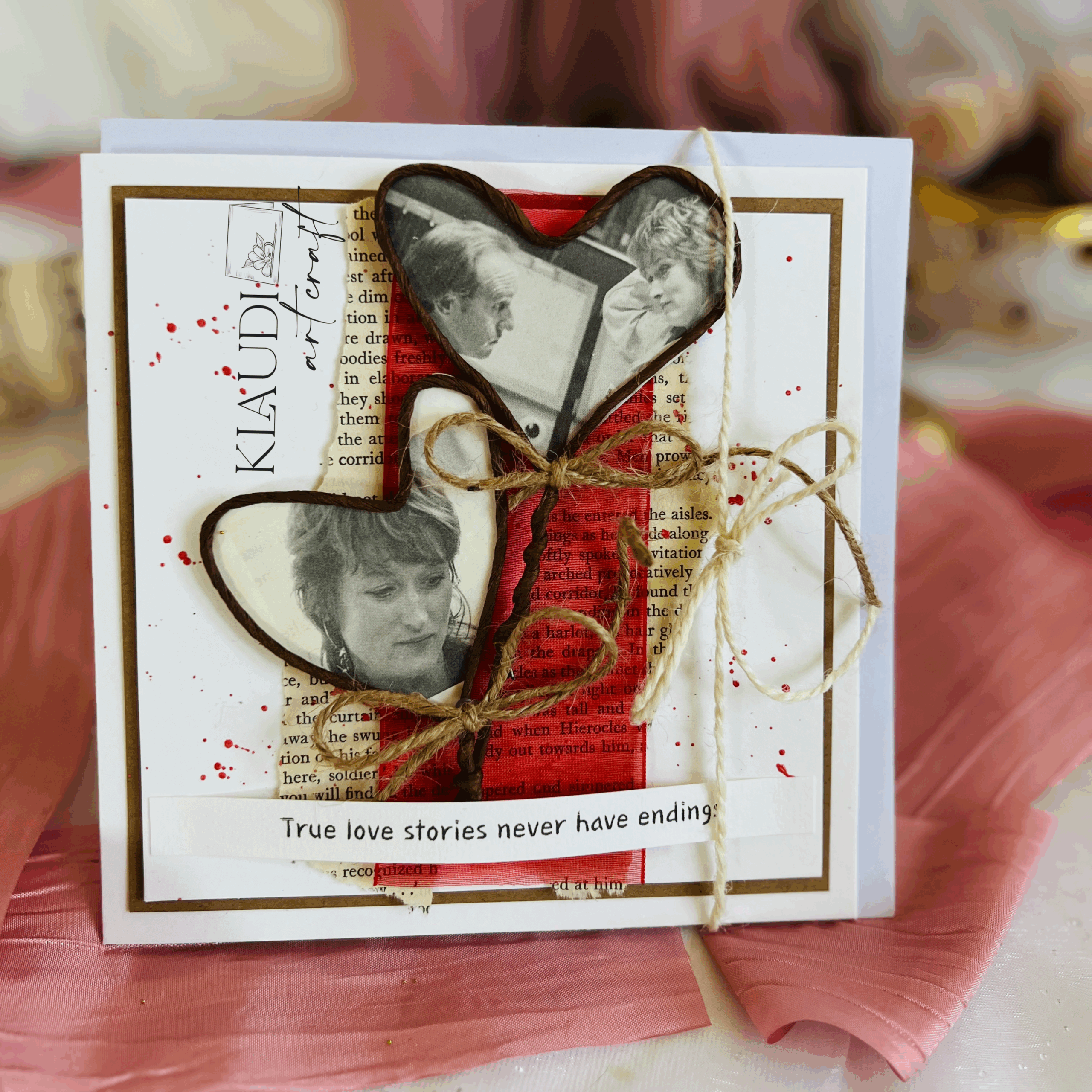 Handmade Vintage Valentines card Handcrafted vintage-style Valentines Day card featuring a wire heart ,natural burlap,and a red ribbon.