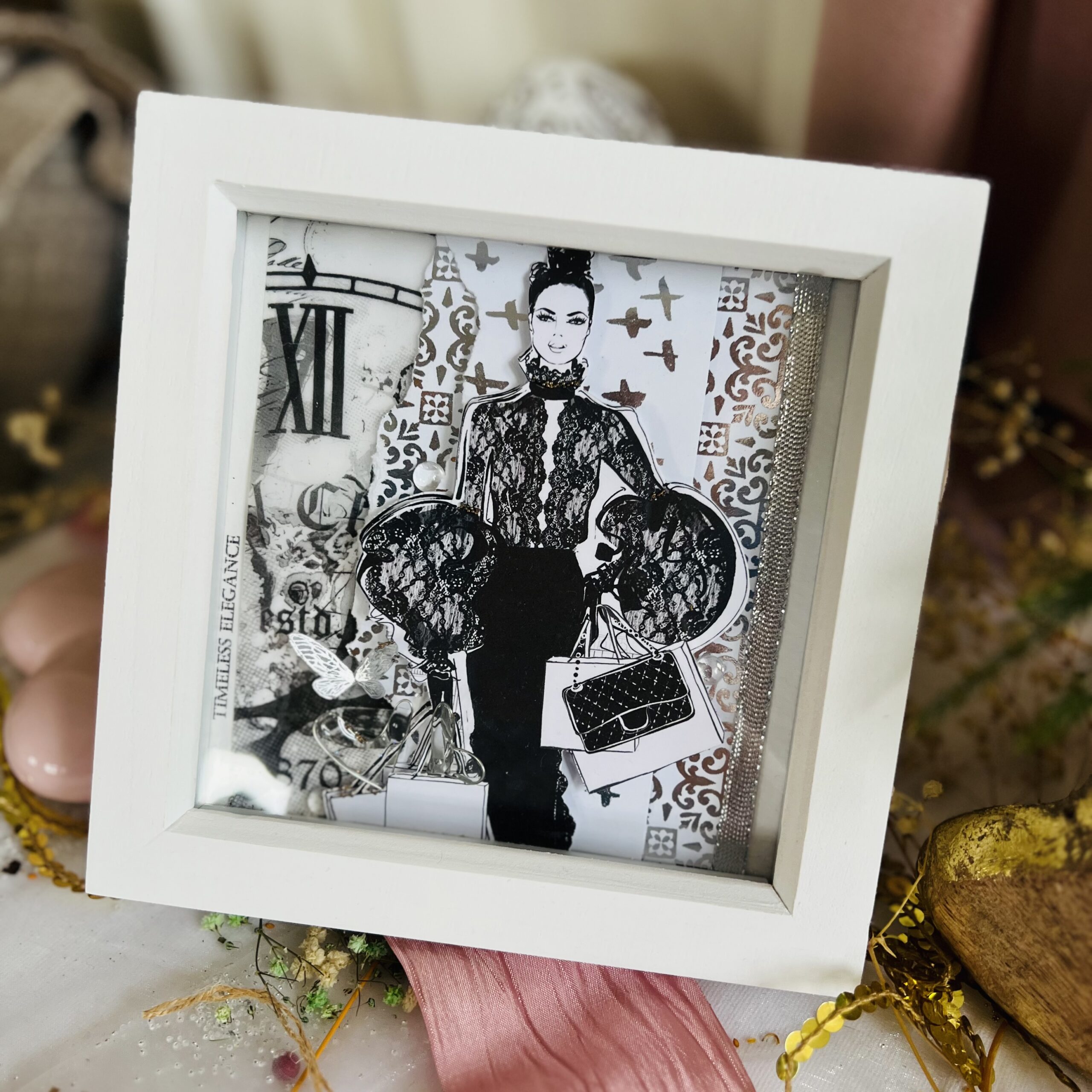 Elegant Woman Framed Card – Handmade Fashion Art with Heart | Unique Gift for Her